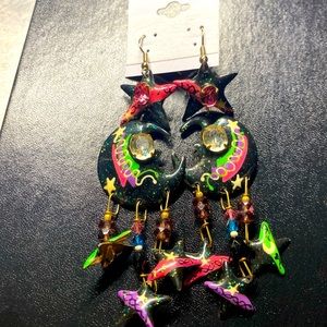 Lunch at the ritz moon and stars Dangle earrings , 
Pierced